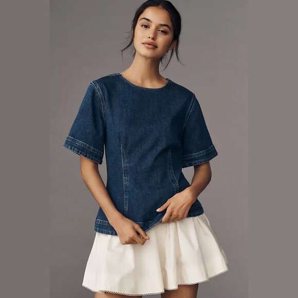 NEW ALIGNE Size US 6 Cheer Short-Sleeve Structured Denim Top - Indigo - Picture 1 of 3